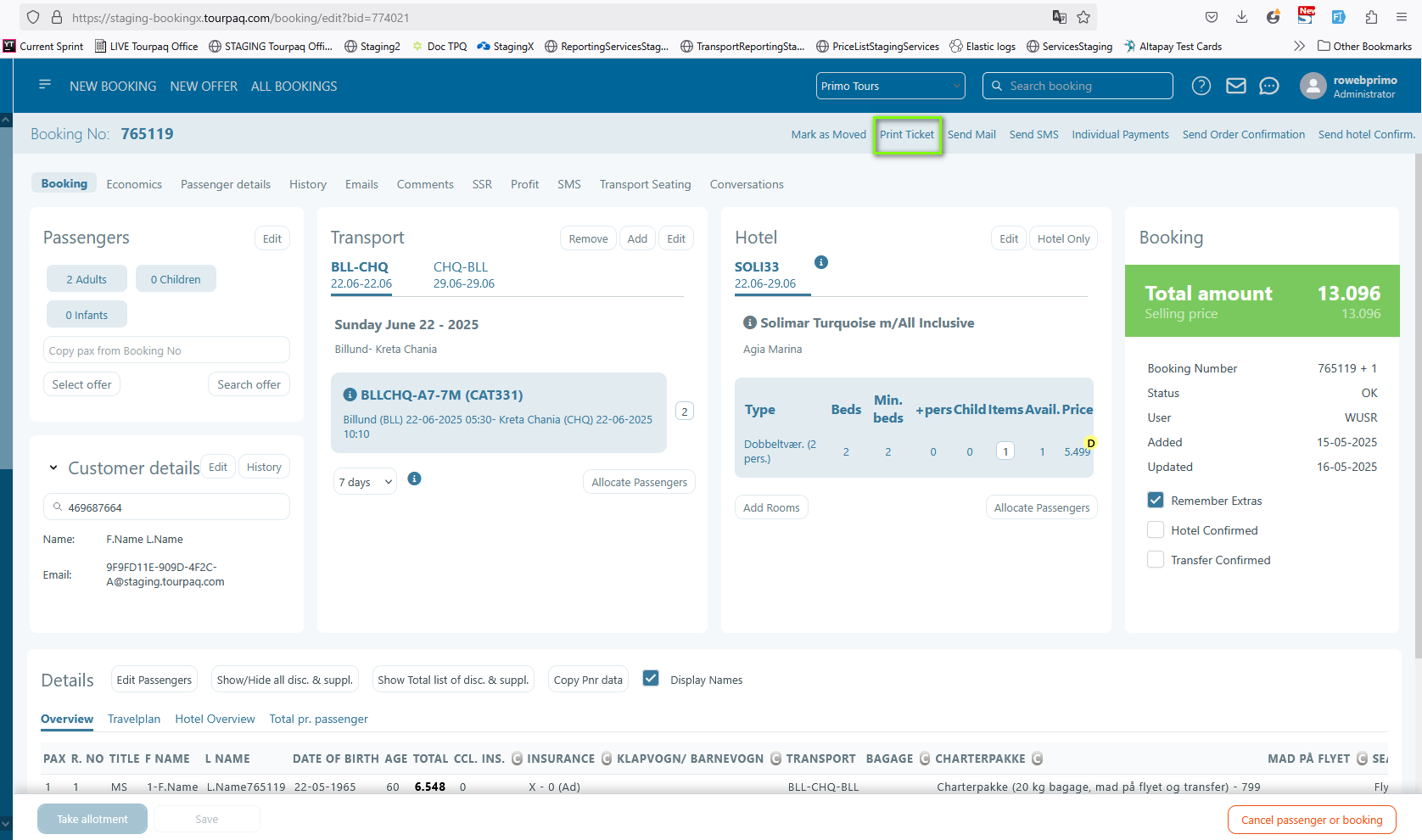 Ticket PDF example showing where customer information (errata) appears in Comments (Bemærkninger) sections