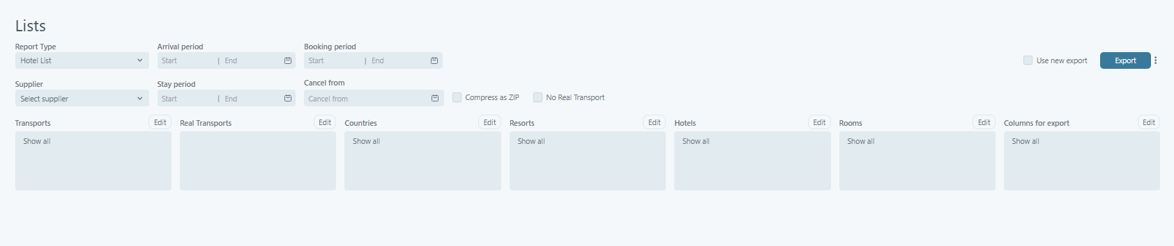 Export → Lists filters and Report type selection in Tourpaq Office
