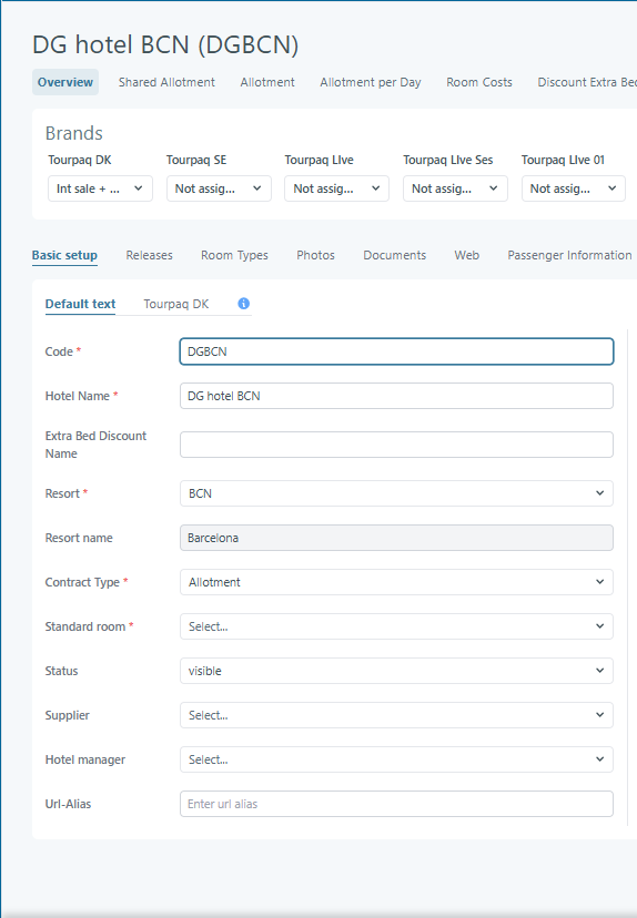 Mandatory fields in the Hotel creation General tab