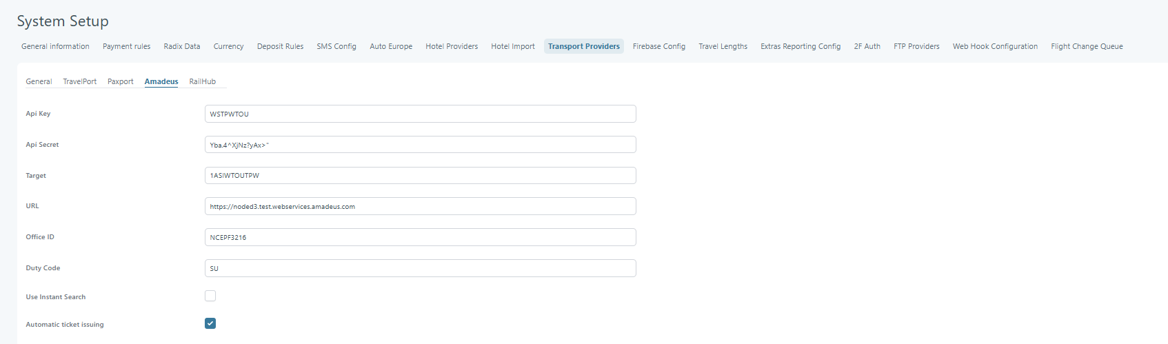 System Setup → Transport Providers → Amadeus showing Automatic ticket issuing toggle